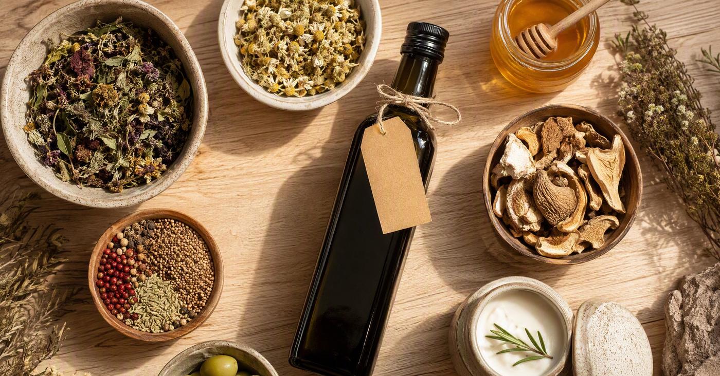 Bodegón con botánicos, setas deshidratadas, miel, especias, cosmética natural y una botella de AOVE sin etiquetar