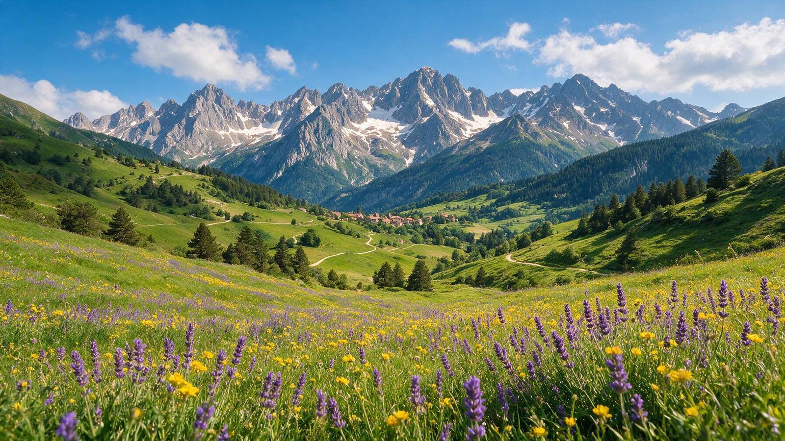 Valle soleado del Pirineo con praderas de flores y cumbres rocosas